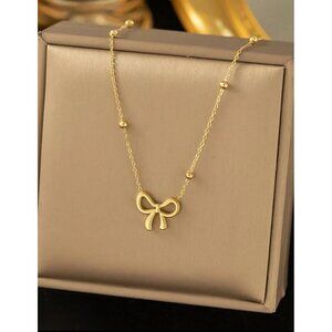 18k Golden Plated Stainless Steel Bow Pendant Necklace With Dainty Beaded Chain